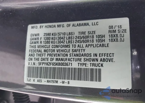 2019 Honda Ridgeline Rtl-T из США, поврежденный, VIN 5FPYK2F65KB003671